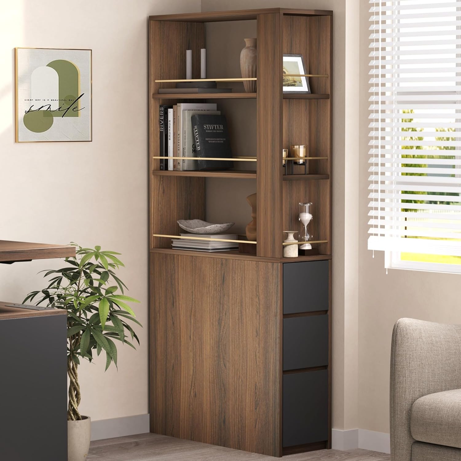 Office Furniture For Small Spaces - 71인치 코너 책장, 3단 서랍 포함,