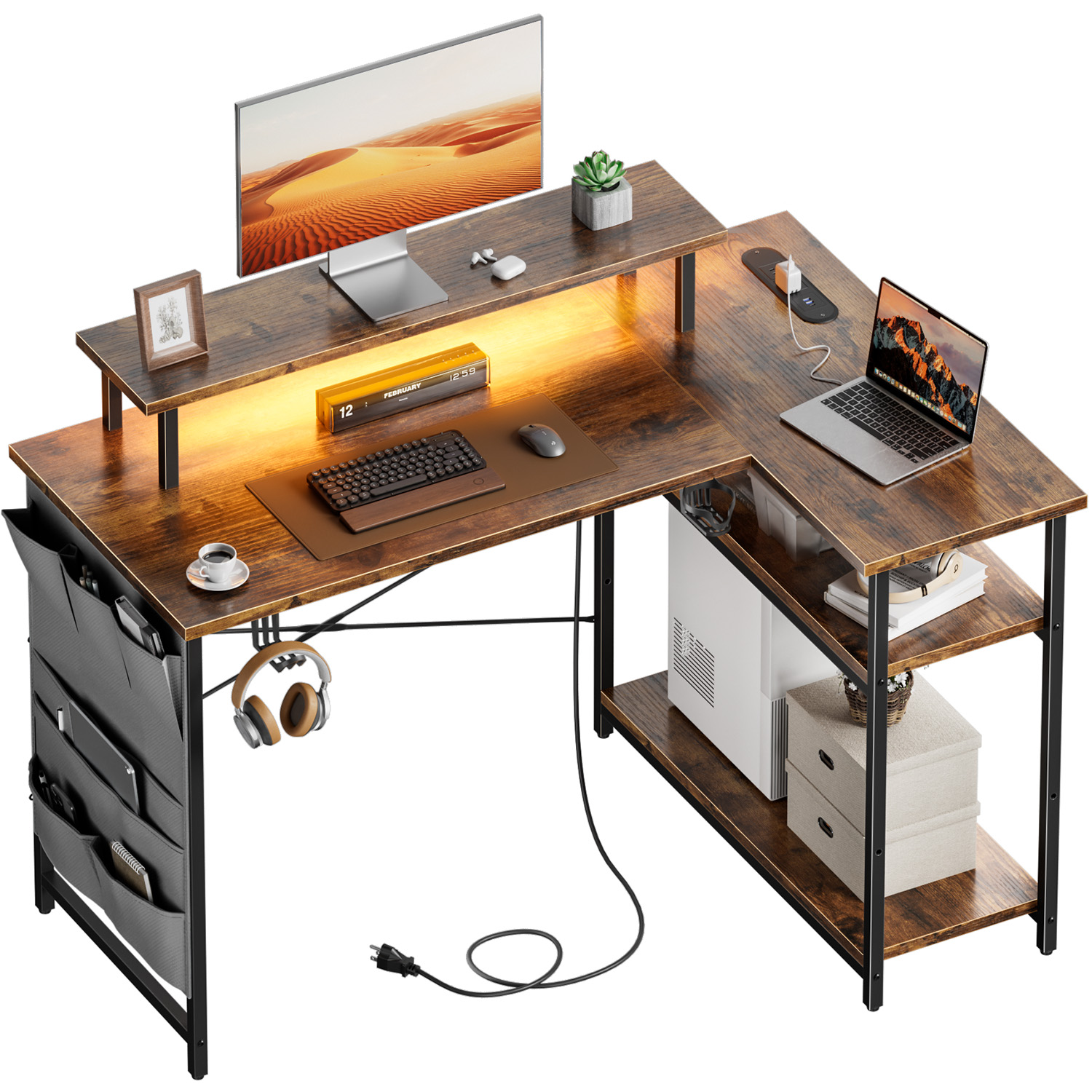 Office Furniture For Small Spaces - L자형 컴퓨터 책상, 전원 콘센트와 LED