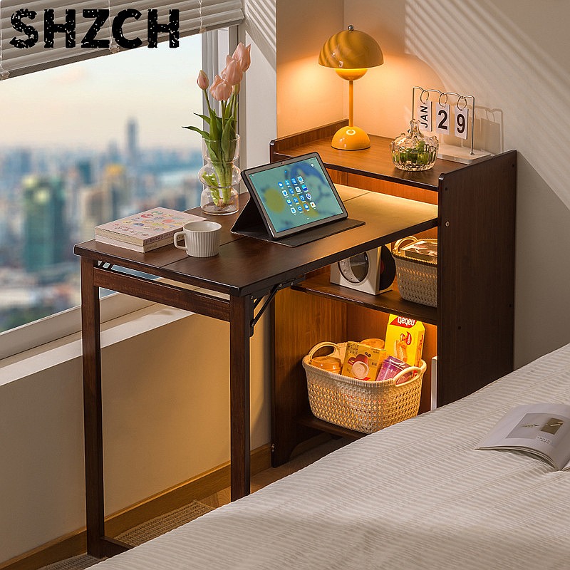 Office Furniture For Small Spaces - 대나무 접이식 책상, 책꽂이 포함, 다기능