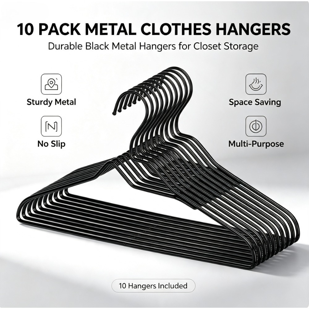 Locker Storage Metal - 10개입 검정색 미끄럼 방지 옷걸이, 크롬